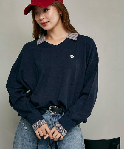 別注 チェック シャツ レイヤード風 スキッパー ロングスリーブ ニット　限定展開