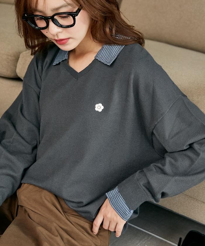 別注 チェック シャツ レイヤード風 スキッパー ロングスリーブ ニット　限定展開