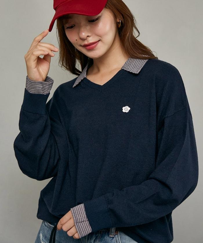 別注 チェック シャツ レイヤード風 スキッパー ロングスリーブ ニット　限定展開