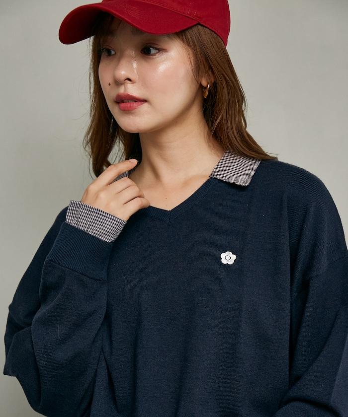 別注 チェック シャツ レイヤード風 スキッパー ロングスリーブ ニット　限定展開