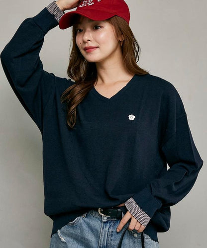 別注 チェック シャツ レイヤード風 スキッパー ロングスリーブ ニット　限定展開