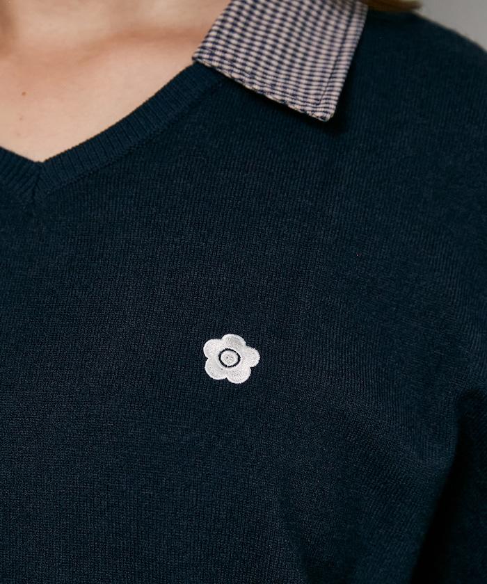 別注 チェック シャツ レイヤード風 スキッパー ロングスリーブ ニット　限定展開