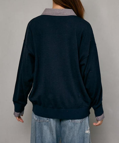 別注 チェック シャツ レイヤード風 スキッパー ロングスリーブ ニット　限定展開