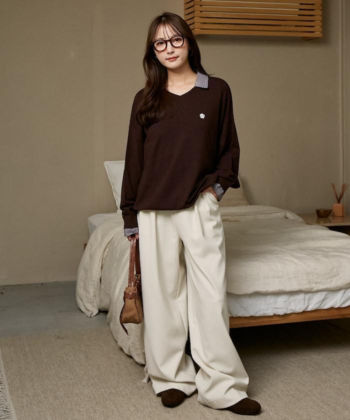 別注 チェック シャツ レイヤード風 スキッパー ロングスリーブ ニット　限定展開