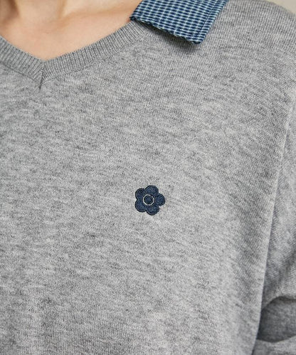 別注 チェック シャツ レイヤード風 スキッパー ロングスリーブ ニット　限定展開