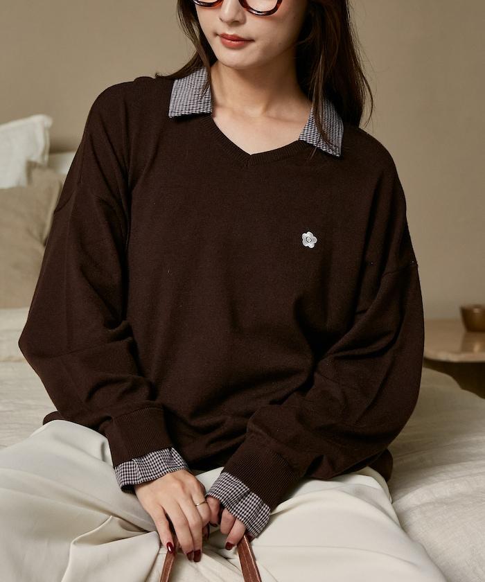 別注 チェック シャツ レイヤード風 スキッパー ロングスリーブ ニット　限定展開