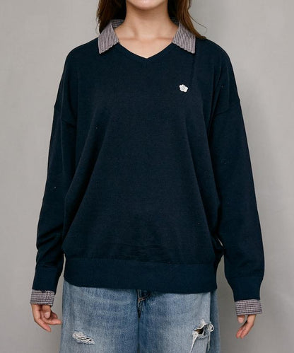 別注 チェック シャツ レイヤード風 スキッパー ロングスリーブ ニット　限定展開