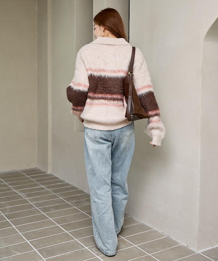 別注 相良 ワッペン ボーダー シャギー ポロ ニット　限定展開