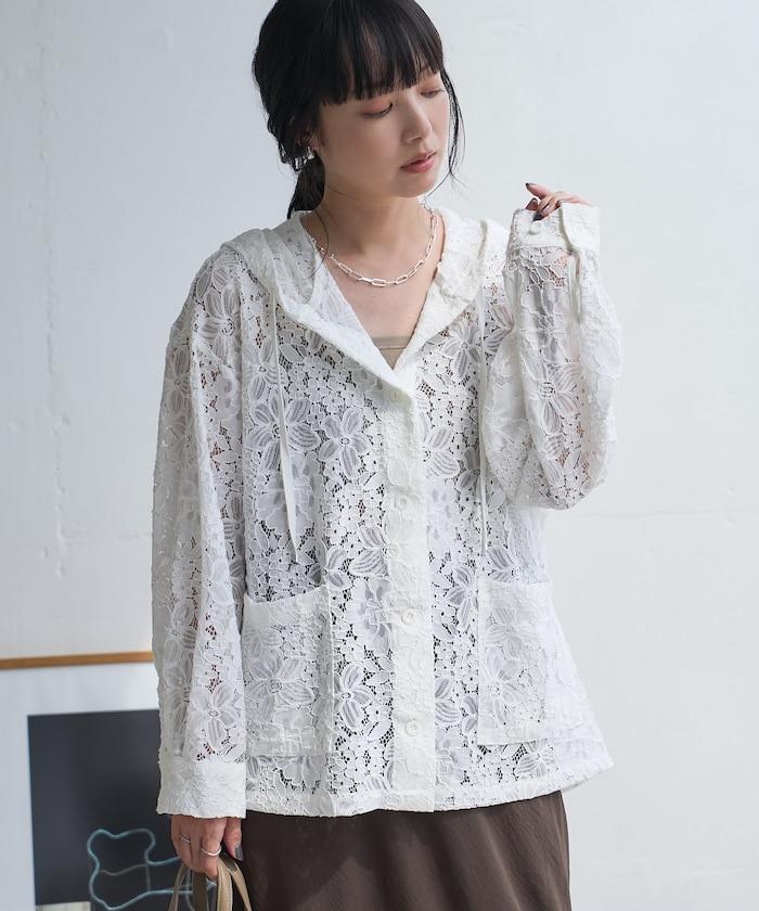 FREAK'S STORE 蕾絲連帽襯衫 女士春秋款透膚感印花襯衫