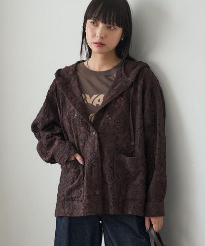 FREAK'S STORE 蕾絲連帽襯衫 女士春秋款透膚感印花襯衫