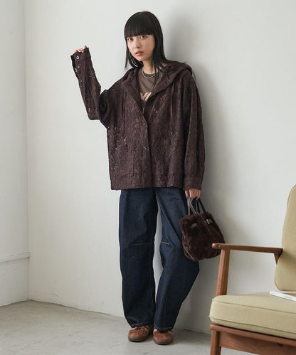 FREAK'S STORE 蕾絲連帽襯衫 女士春秋款透膚感印花襯衫