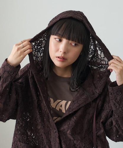 FREAK'S STORE 蕾絲連帽襯衫 女士春秋款透膚感印花襯衫