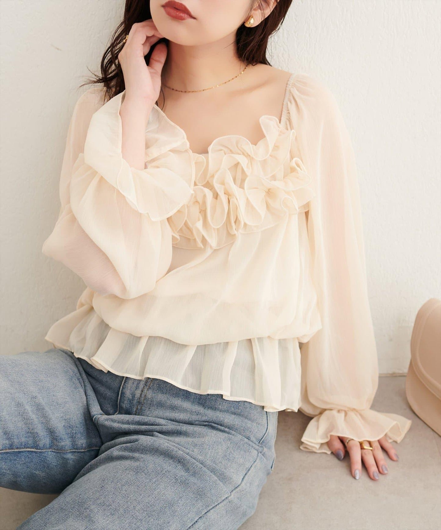 natural couture 方領荷葉邊襯衫