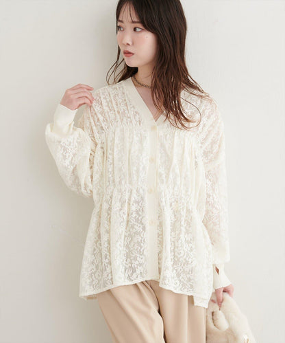 natural couture 鏤空蕾絲開衫 女士 V領 針織衫