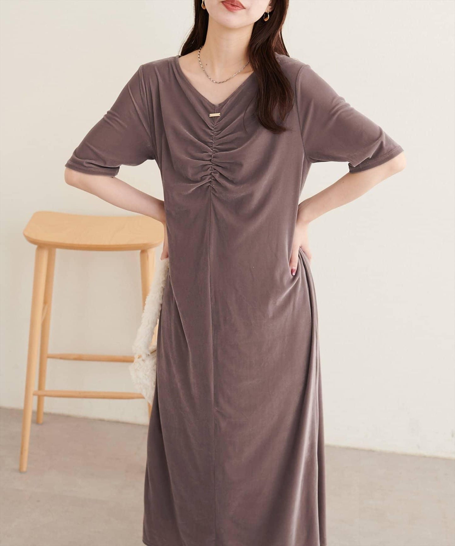 natural couture 褶皺燈芯絨五分袖連衣裙