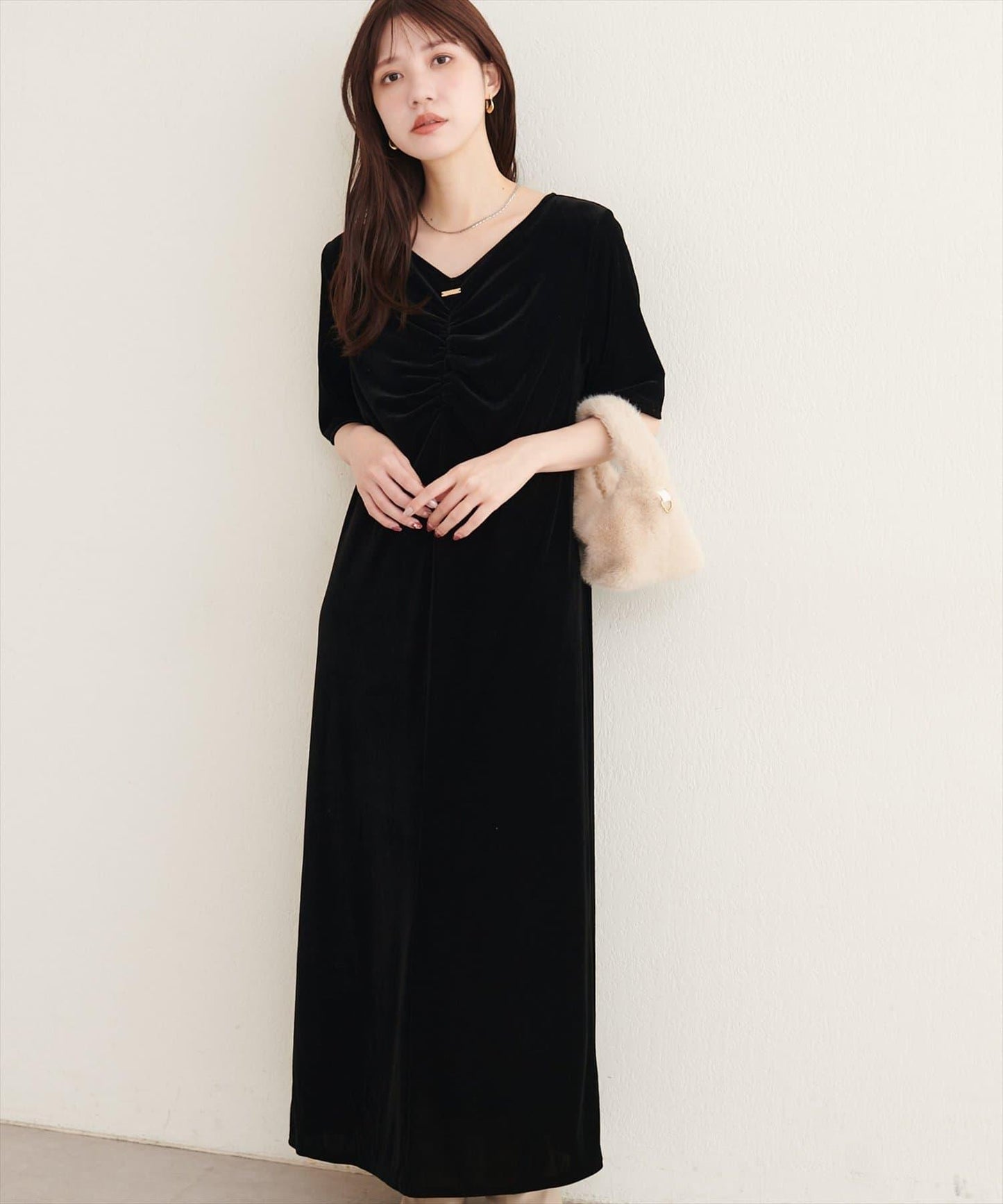 natural couture 褶皺燈芯絨五分袖連衣裙
