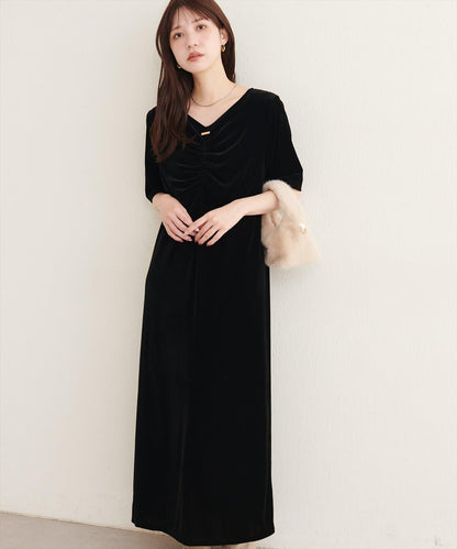 natural couture 褶皺燈芯絨五分袖連衣裙