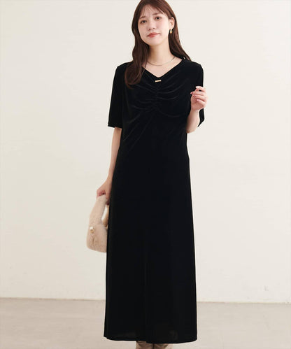 natural couture 褶皺燈芯絨五分袖連衣裙