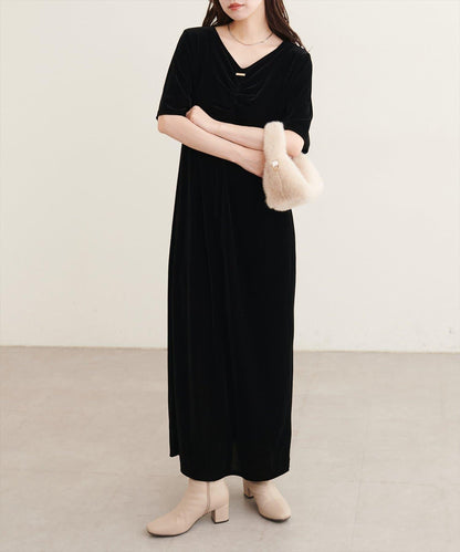 natural couture 褶皺燈芯絨五分袖連衣裙