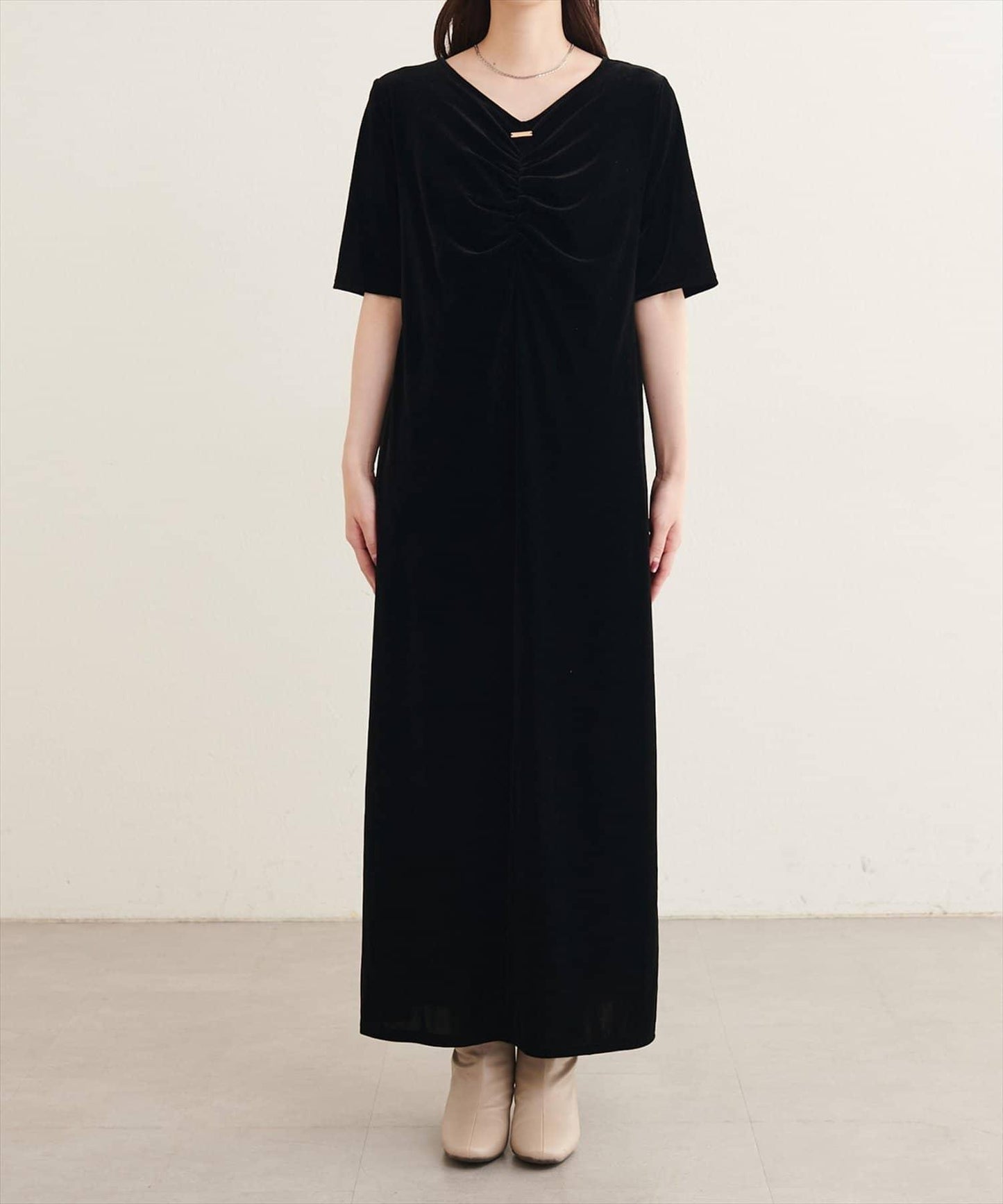 natural couture 褶皺燈芯絨五分袖連衣裙
