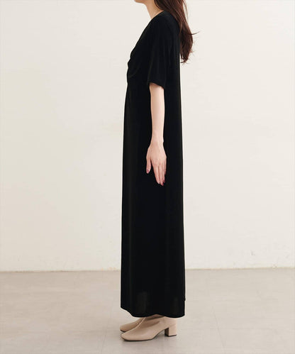 natural couture 褶皺燈芯絨五分袖連衣裙