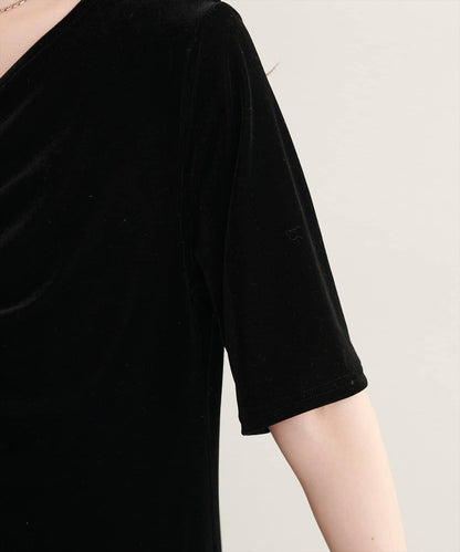 natural couture 褶皺燈芯絨五分袖連衣裙