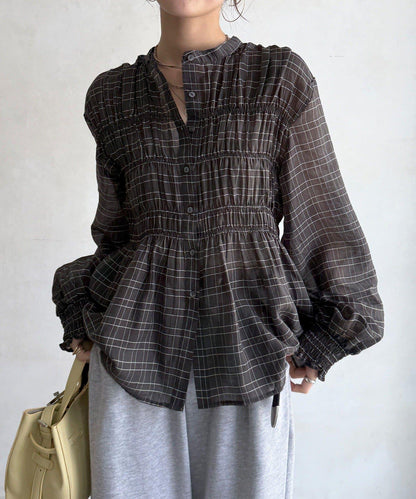 DOUDOU 褶皺格紋襯衫 女士襯衫