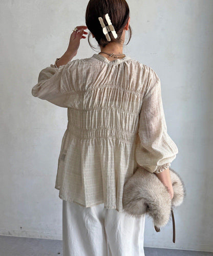 DOUDOU 褶皺格紋襯衫 女士襯衫