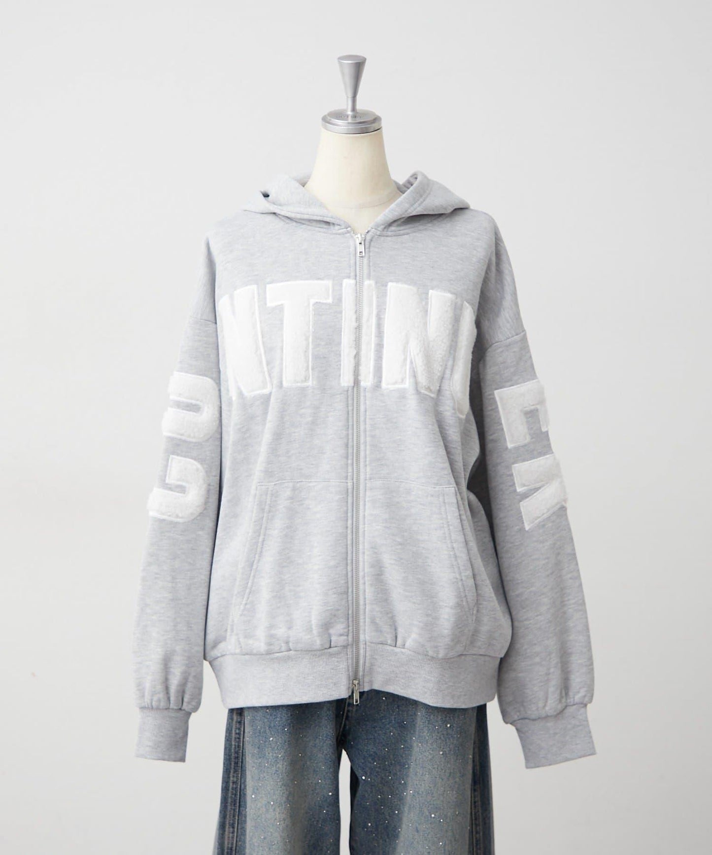 NICE CLAUP 學院風連帽拉鍊衛衣 拼色刺繡Logo 寬鬆款