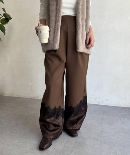 蕾絲圓點拼接透膚感褲子