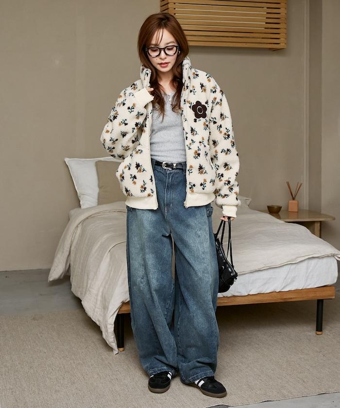 MARY QUANT × PUBLUX 聯名款 刺繡花朵圖案絎縫絨面夾克 外套 女