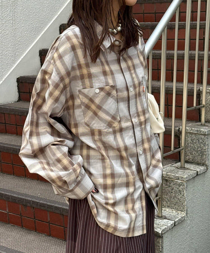 CIAOPANIC 拼色格紋襯衫 男士寬鬆復古風長袖襯衫
