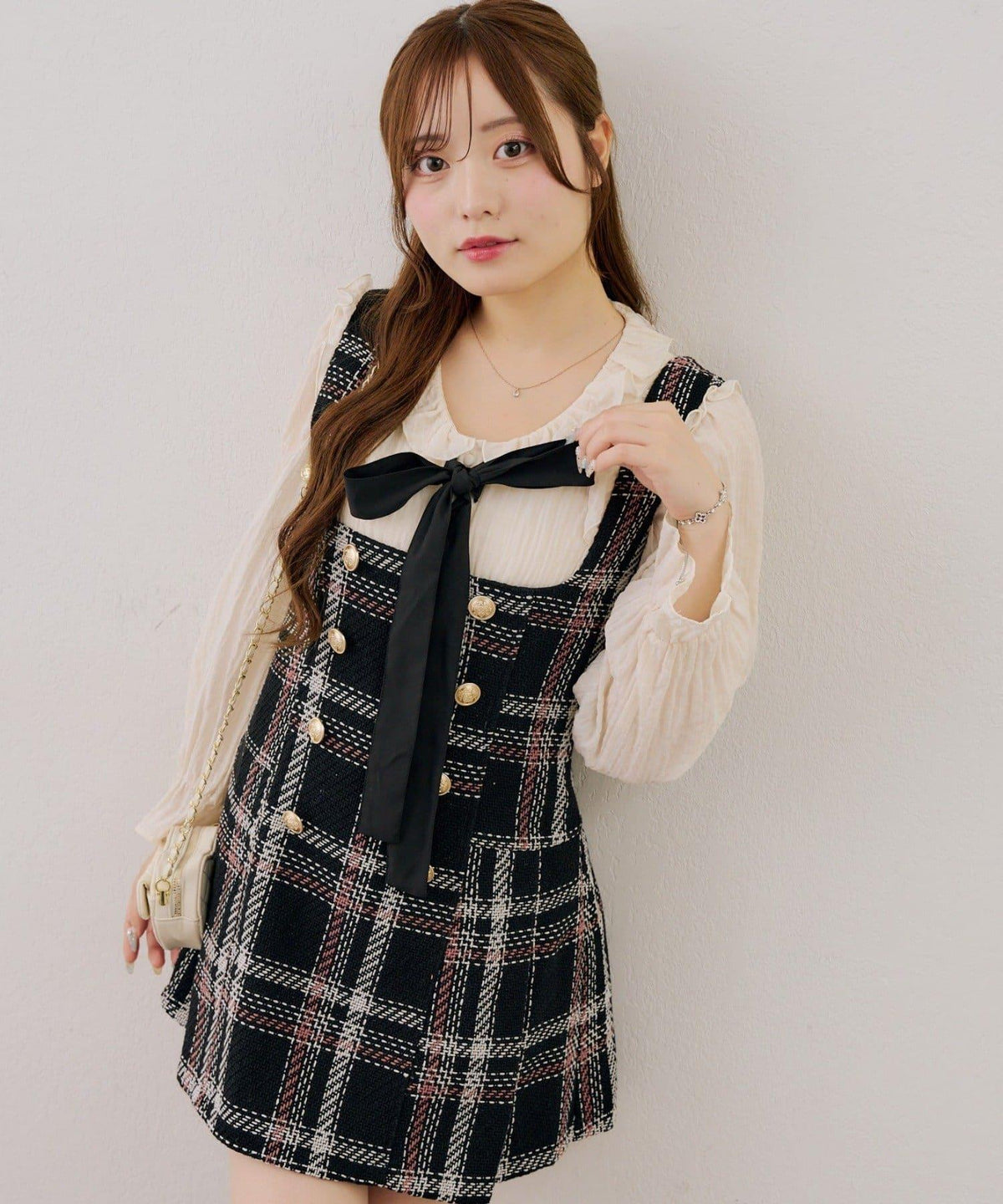 NICE CLAUP 2026AWツイード調チェック柄バックレースアップミニワンピース