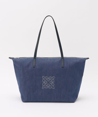 russet 刺繡牛仔托特包 附內袋拉鍊袋 開放式側袋 附底板 黑色/靛藍