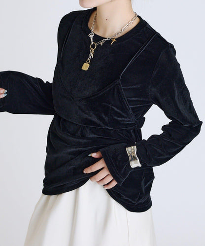 Lui's FEMME 26AW 彈力天鵝絨透膚感拼接胸衣套頭衫 聚酯纖維混紡 針織衫