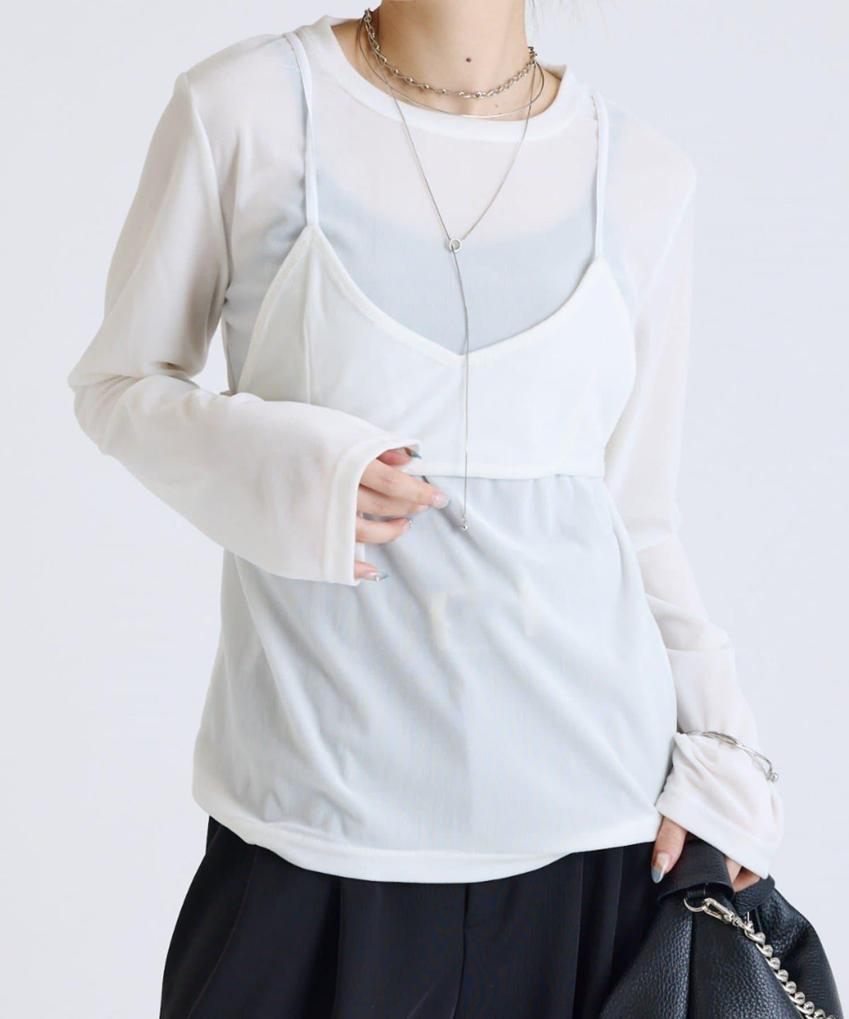 Lui's FEMME 26AW 彈力天鵝絨透膚感拼接胸衣套頭衫 聚酯纖維混紡 針織衫