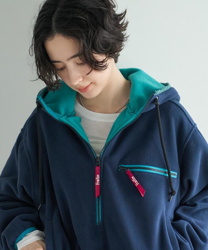 Foxfire × FREAK'S STORE 聯名 抓絨連帽半拉鍊套頭衫 寬鬆保暖 連衣裙式長款 抽繩設計 拼色拉鍊帶 休閒運動風 女款 衛衣