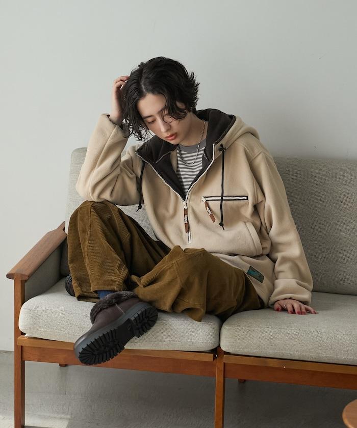 Foxfire × FREAK'S STORE 聯名 抓絨連帽半拉鍊套頭衫 寬鬆保暖 連衣裙式長款 抽繩設計 拼色拉鍊帶 休閒運動風 女款 衛衣