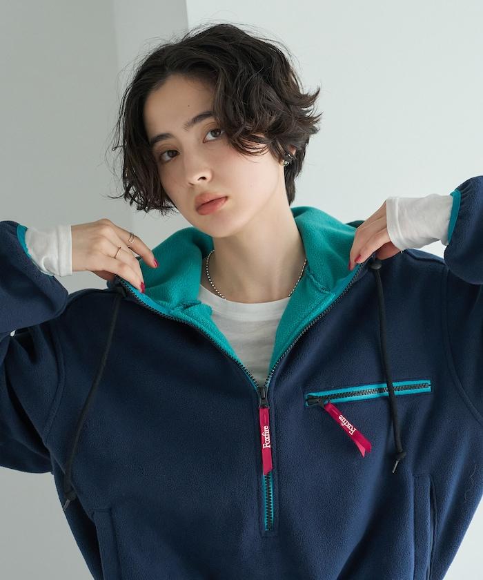 Foxfire × FREAK'S STORE 聯名 抓絨連帽半拉鍊套頭衫 寬鬆保暖 連衣裙式長款 抽繩設計 拼色拉鍊帶 休閒運動風 女款 衛衣