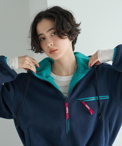 Foxfire × FREAK'S STORE 聯名 抓絨連帽半拉鍊套頭衫 寬鬆保暖 連衣裙式長款 抽繩設計 拼色拉鍊帶 休閒運動風 女款 衛衣