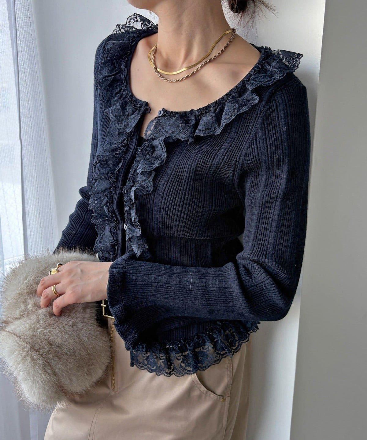 DOUDOU 蕾絲荷葉邊針織開衫 女士
