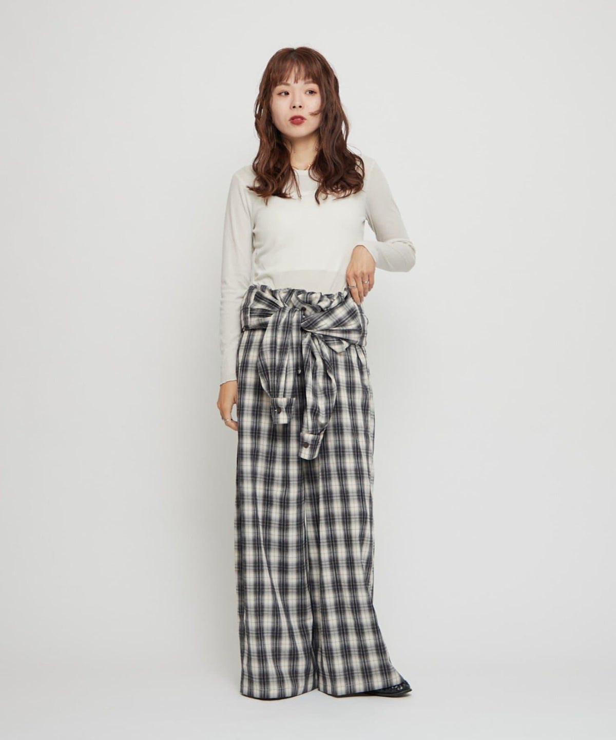 willow 漸變格紋 連體褲 女士 休閒 寬鬆 顯瘦 綁帶設計 闊腿 連體褲