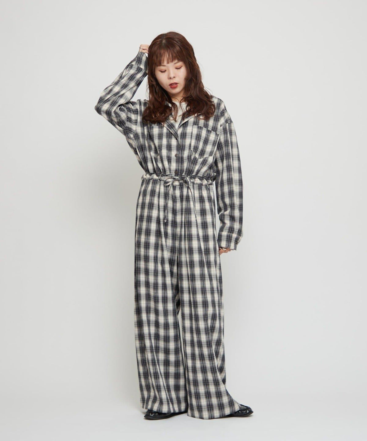 willow 漸變格紋 連體褲 女士 休閒 寬鬆 顯瘦 綁帶設計 闊腿 連體褲