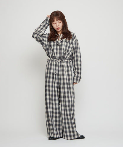 willow 漸變格紋 連體褲 女士 休閒 寬鬆 顯瘦 綁帶設計 闊腿 連體褲