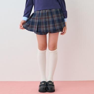 mezzo piano junior 別注 經典格紋腰帶設計褶皺短褲 半裙式設計 彈力腰圍 聚酯纖維混紡 少女款