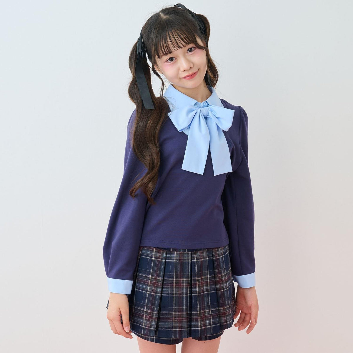 mezzo piano junior 別注 經典格紋腰帶設計褶皺短褲 半裙式設計 彈力腰圍 聚酯纖維混紡 少女款