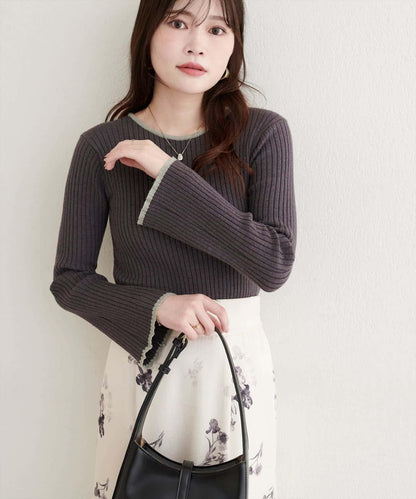 natural couture 喇叭袖拼色羅紋針織衫