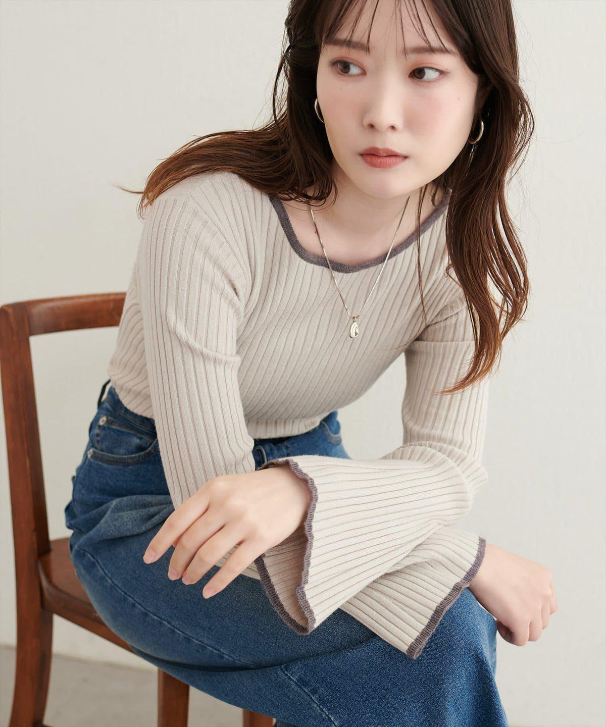 natural couture 喇叭袖拼色羅紋針織衫
