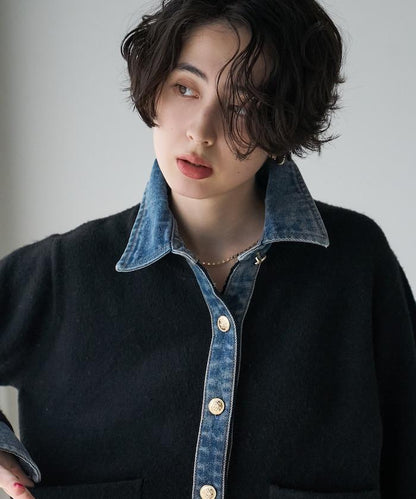 FREAK'S STORE 金紐扣拼接牛仔針織開衫 女