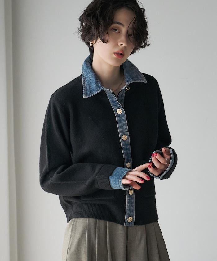 FREAK'S STORE 金紐扣拼接牛仔針織開衫 女